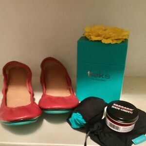 Tieks Red Flats with Teal Soles